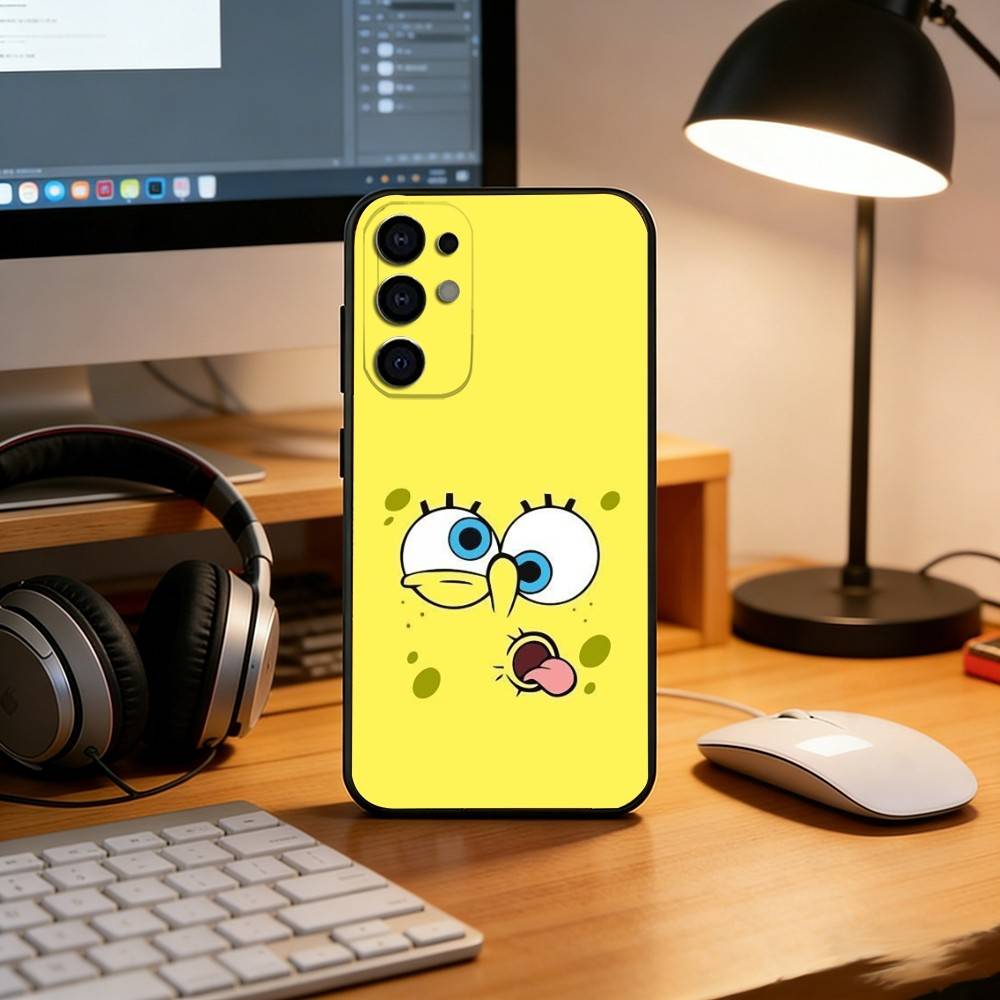C-Cute Yellow Cartoon Sponge Phone Case Black Silicone Soft For Samsung S25,S24,S21,S22,S23,S30,Ultra,S20,Plus,Fe,Lite