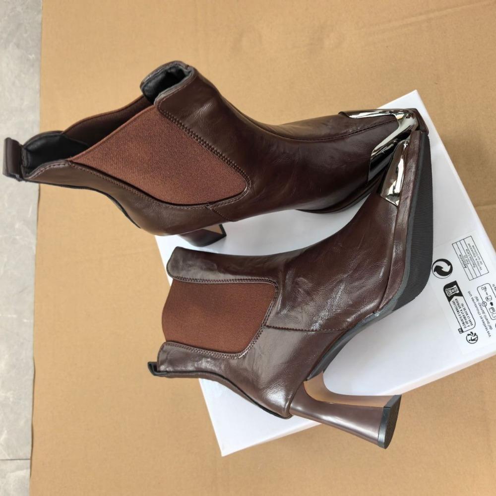 2025 Autumn and Winter New Arrivals Fashionable Pointed-Toe Ankle Boots for Women - High-Heeled Chunky Heel Metallic-Toe Caramel