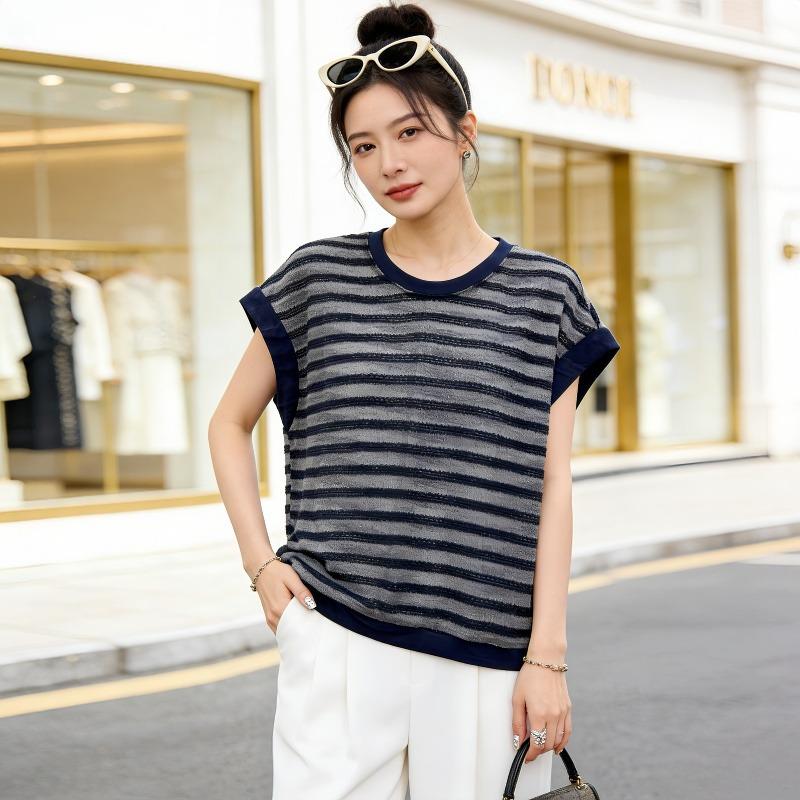 Women s Casual Summer Striped Short Sleeve Loose Fit Top 3XL