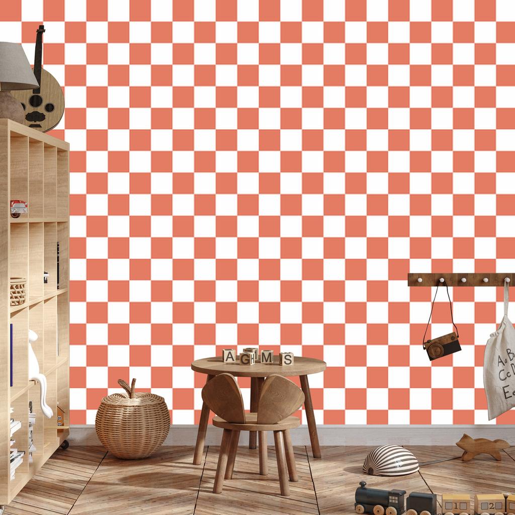 Checkerboard Wallpaper Coral, White and Peach 50x1000