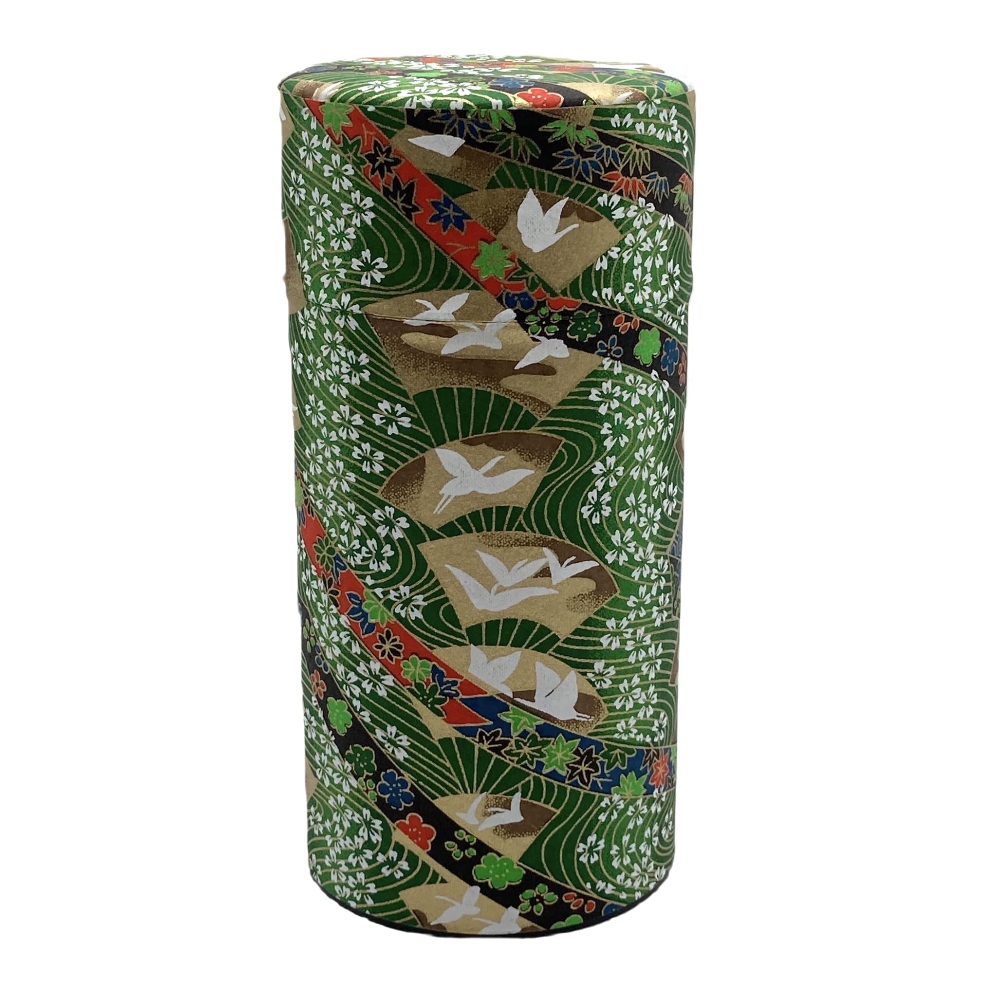 

Noguchi Kumataro Tea Garden Tea Caddy, Large Capacity 200g, Yuzen Washi Paper with Inner Lid, Fan and Crane Design, Green, Made in Japan, Stylish