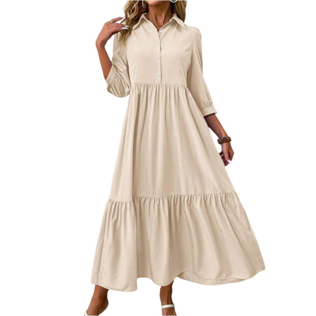 Fashionable Ladies Spring And Summer Solid Color Three-quarter Sleeve Casual Lapel Wide Swing Dress