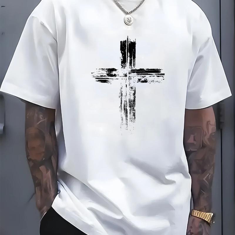 Men's summer cotton fashionable casual loose plus size retro cross print sports round neck short sleeved T-shirt top