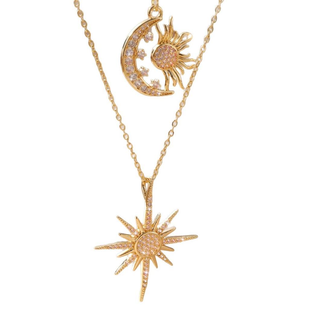 Women's Trendy 2-Piece Gold Sun and Moon Pendant Necklace Set