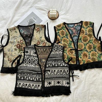 Chic National Style Elegant Crop Vests Women Flower Print Vintage Streetwear Casual Sleeveless Shawl Embroidery Loose Retro New Outwear Tops Clothes