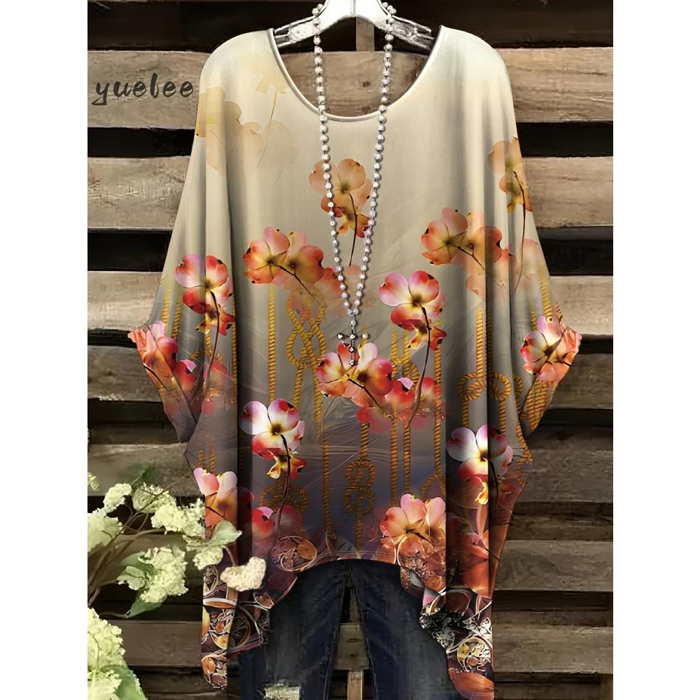 T-shirt Estiva Elegante Bohemien Bicolore da Donna con Stampa Floreale a Forma di Cuore e Farfalla, Scollo Tondo, Blusa Casual, Abbigliamento Bohemien da Donna