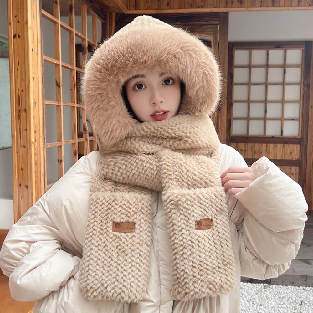 

Утолщенные плюшевые женские шапки-бини с симпатичными медвежьими ушками, интегрированная шапка-шарф на осень-зиму хаки