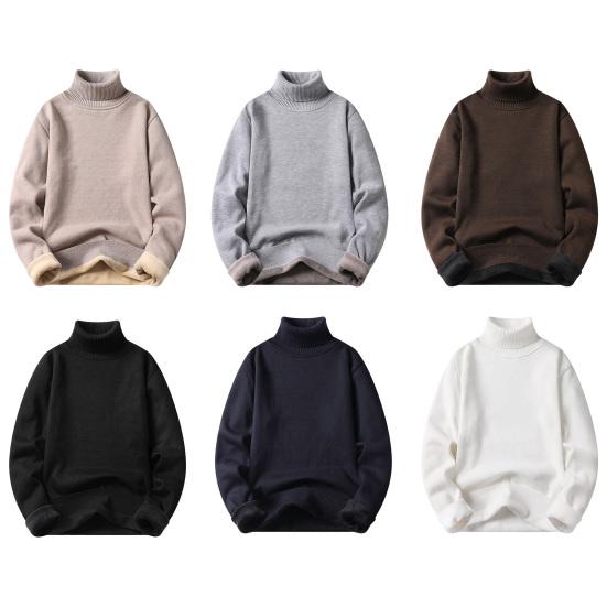 Autumn Winter Men Turtleneck Sweater Long Sleeve Solid Color Slim Fit Fleece Lining Thickened Knitting Tops Jumper