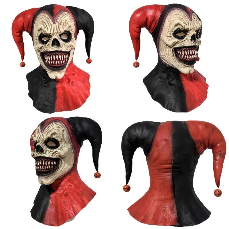 Menacing Clown Mask with Horns - Bleeding Skull Bell Earrings & Pumpkin Pendants for Halloween Cosplay Parties & Haunted Houses