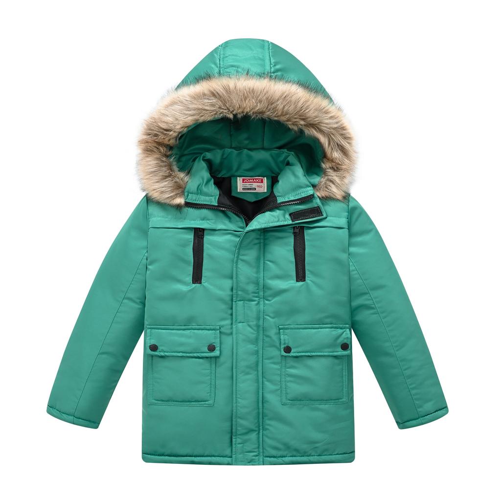 Middle and Big Children's Cotton Jacket Solid Color Thickened Warm Rushing Jacket Boys and Girls Hair Collar Removable Hooded Jacket