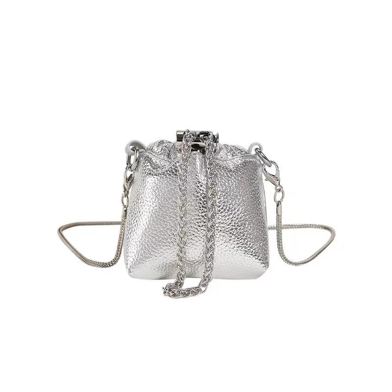 PU Bucket Soild Shoulder Bags Chains Party Crossbody Bags for Women 2024 High Quality Fashion on Sale Bolso Bombonera Con Cadena