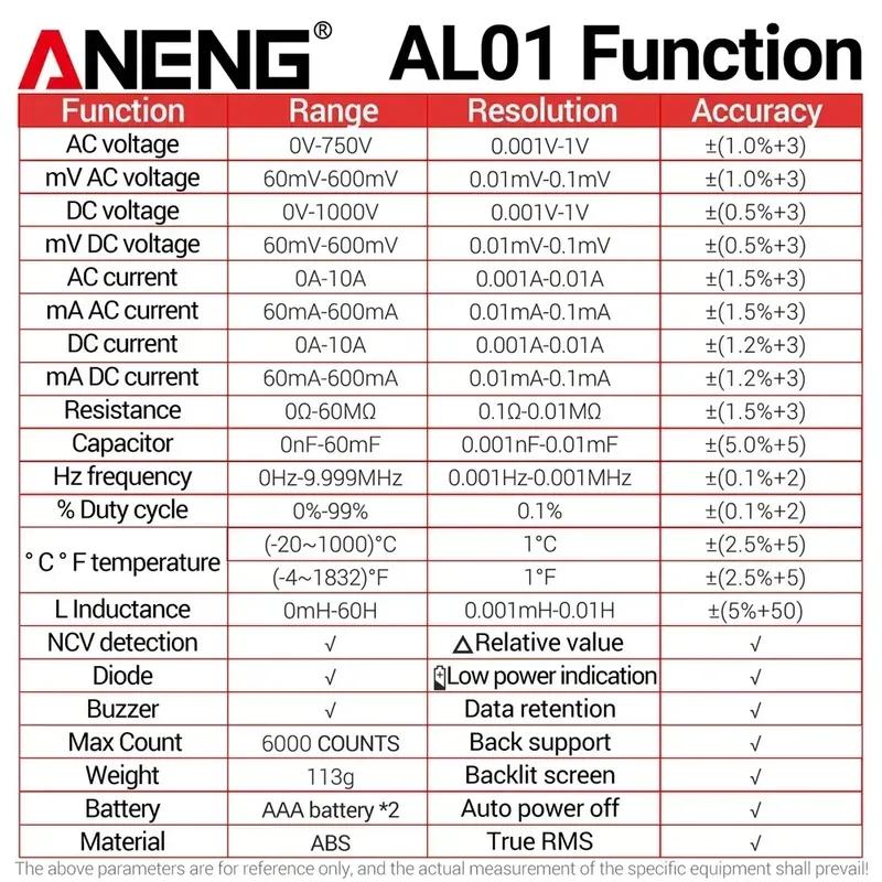 ANENG AL01 Inductance Digital Multimeters True RMS NCV Handheld 6000 Counts Tester AC/DC Votage Current Resistance Ohm Tool