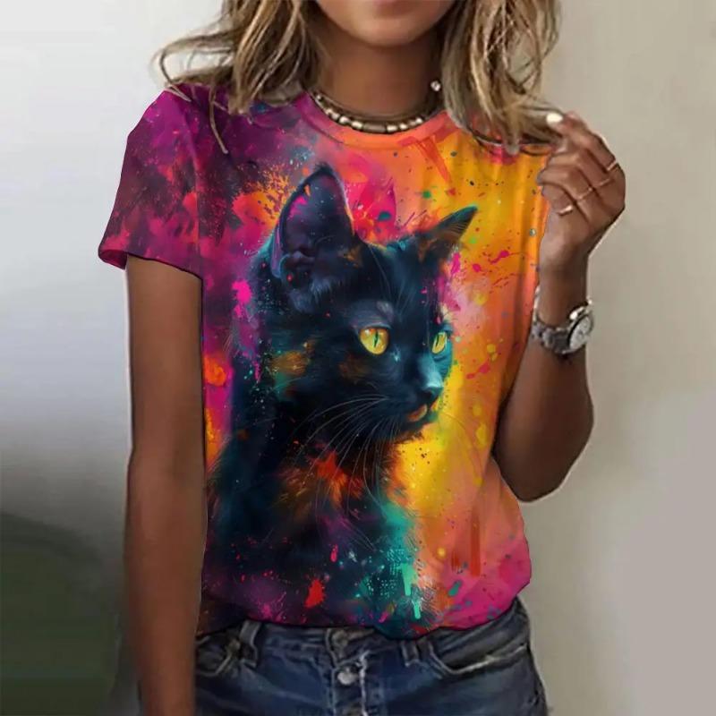 Summer O-Neck Short Sleeve Women's T-Shirt 3d Printed Black Cat Pattern T-Shirt Pullover Top Fashion Street Female Clothing 2024