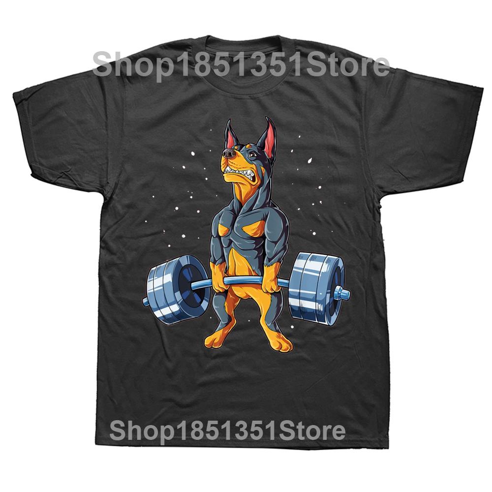 Vintage DoberUnisex Hund Gewichtheben Lustig Kreuzheben Fitnessstudio T-Shirt Unisex Mode T-Shirts Übergroß Baumwolle Lässig Streetwear T-Shirts