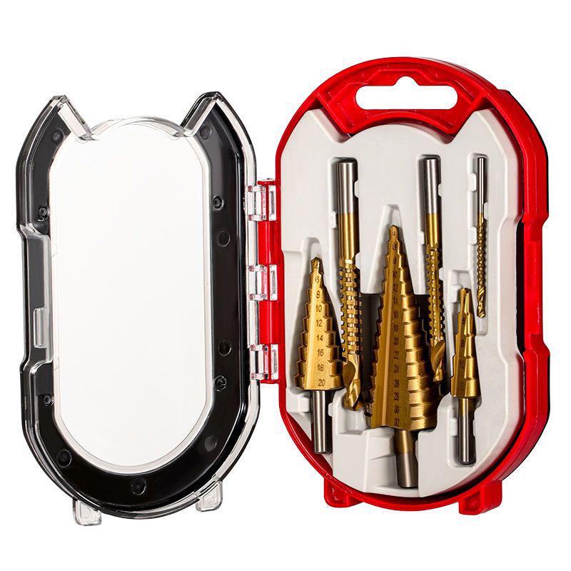 6-Piece Serrated High-Speed Steel Pagoda Drill Bit Set In Plastic Box – Ideal for Hole Opening, Expansion, and Step Drilling.