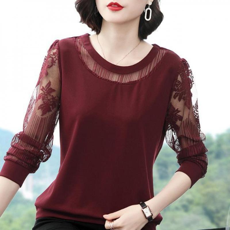 Long Sleeve Shirt Women Spring Loose Middle Age Mom Round Neck Base Layer Lace Blouse