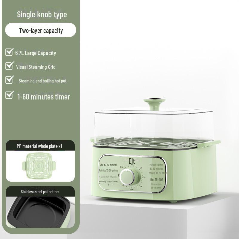 Large Capacity Multifunctional Electric Steamer with Voice Control, Touchscreen, Knob Options, and Transparent Stainless Steel Pot.