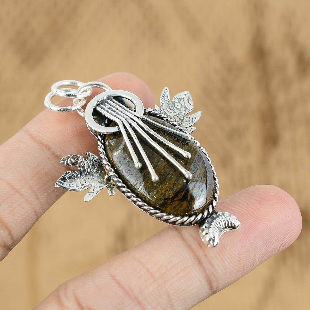 Natural Iron Tiger Eye Gemstone Pendant Yellow 925 Sterling Silver Jewelry