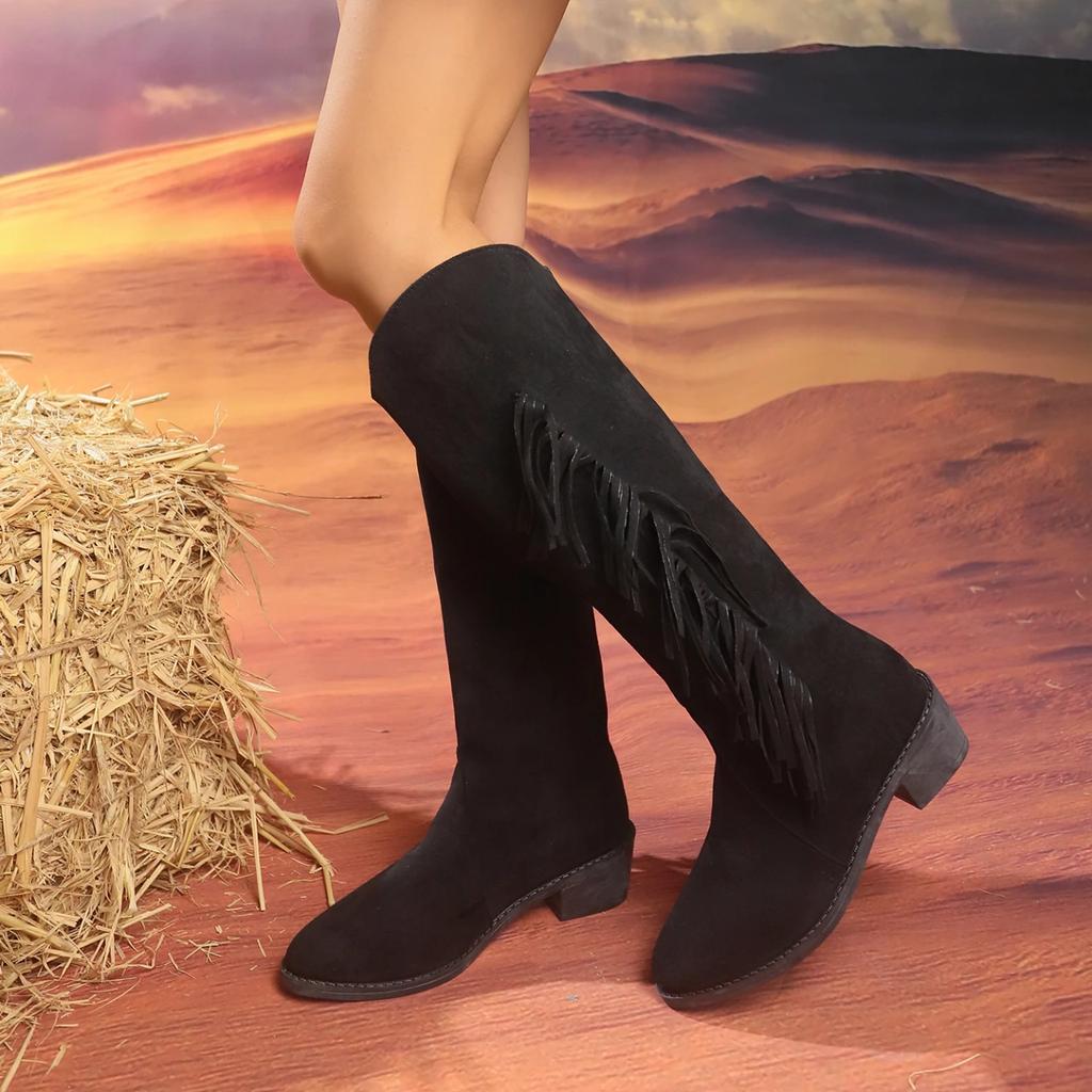 Retro Women's Tassel Shoes New 2024 Pointed Thick Bottom Long Boots Autumn Winter Versatile Outdoor Cowboy Knight Boots Women's