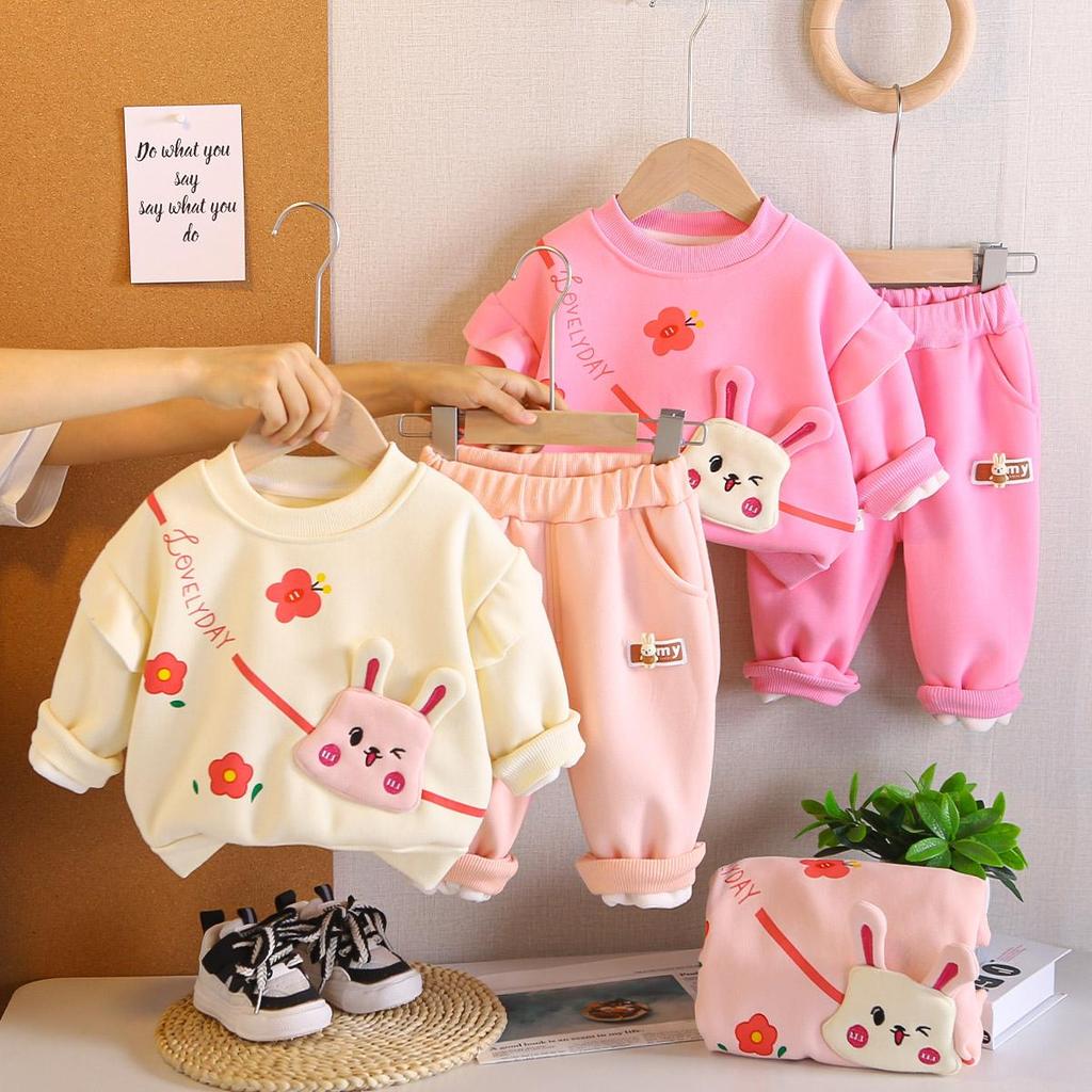 0-5-year-old Girls' Long Sleeved 2-piece Set, Girls' Cute Rabbit Hoodie Set, Girls' Baby Plus Velvet Clothes