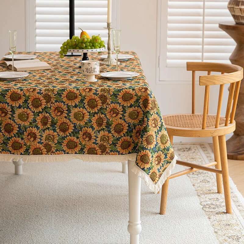 High End Home Floral Countryside Cotton Linen Fabric Tablecloth Rectangular Dining Table Cloth Decorative Cloth