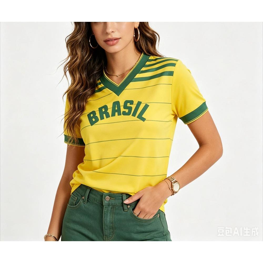Women Men s Quick Dry Breathable Short Sleeve Brazil Style Team Retro Football Jersey Thin Stripe V‑Neck Loose Sports T‑Shirt S