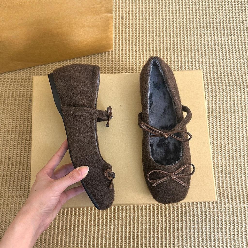 inner height-increasing bow fleece warm gray Mary Jane cotton shoes outer thick-soled fluffy shoes