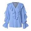 Women  V-neck Butterfly Sleeve Wavy Edge Shirt Blouse