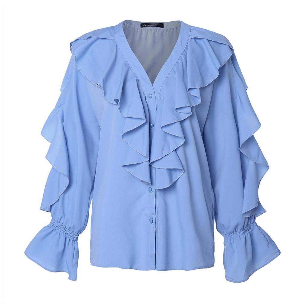 Women  V-neck Butterfly Sleeve Wavy Edge Shirt Blouse