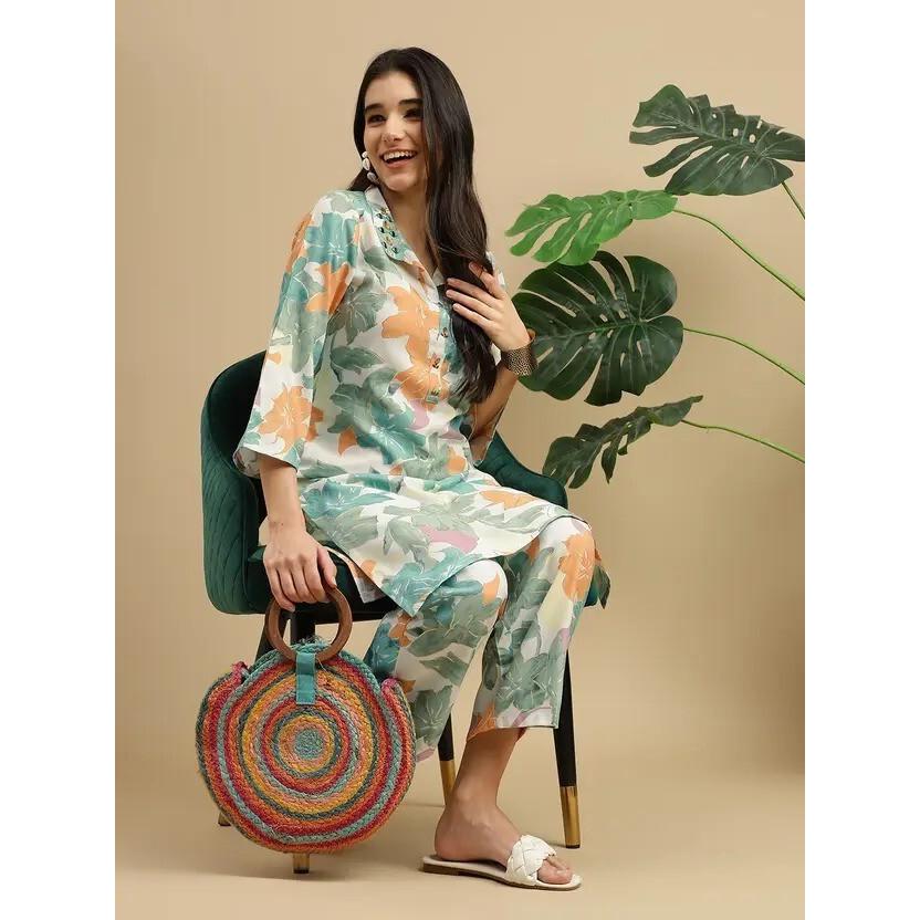 Women Designer Printed Kurta Pant Cord Set Indian Bollywood Top Tunic Kurti VSO-1697 C