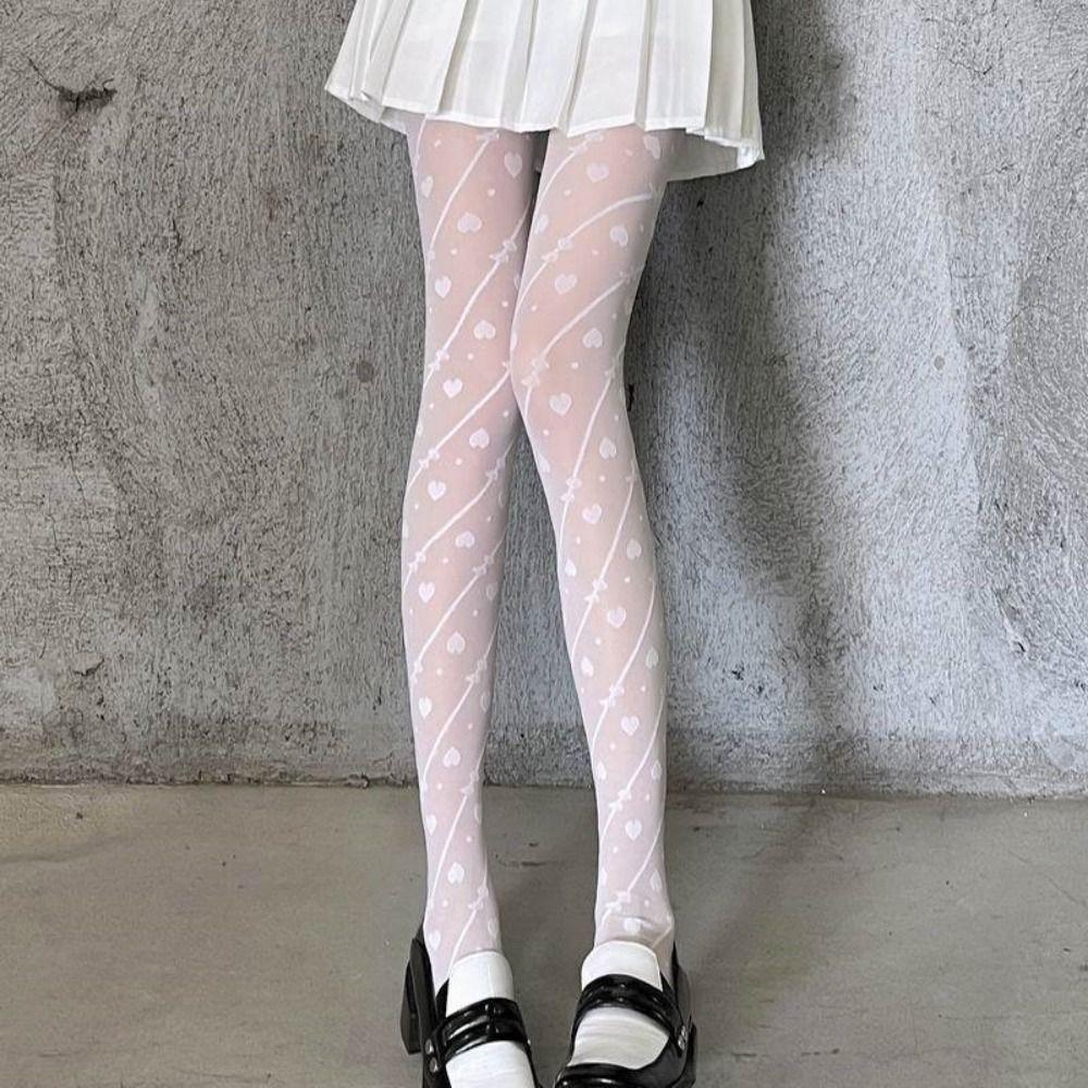 Transparent Heart Long Tights Ultra-thin Leggings Women Fashion Mesh Pantyhose Streetwear