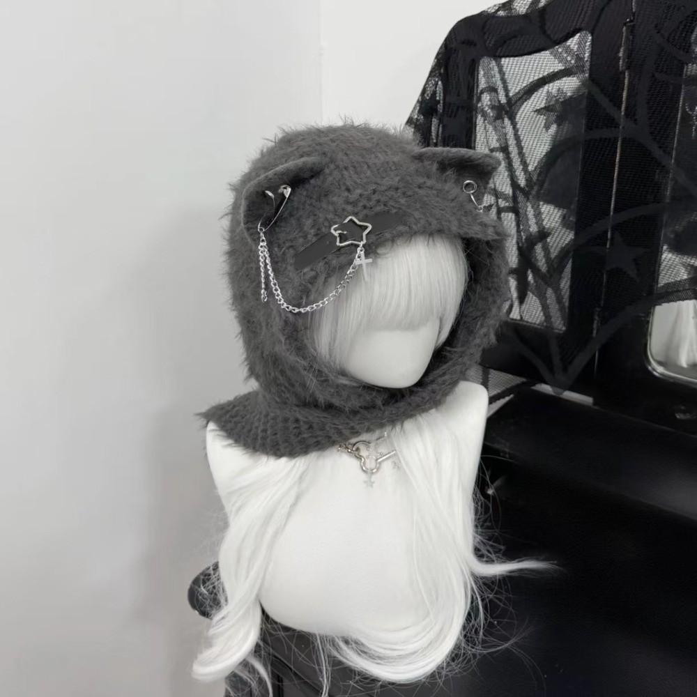 

Cross Chain Leather Women Y2K Punk Knitted Caps Harajuku Five-pointed Star Woolen Hats серый