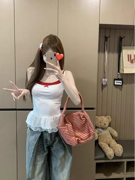 

White Lace Trim Spaghetti Strap Tank Top - Sweet & Spicy Summer Style for Women M [Premium Quality] белый