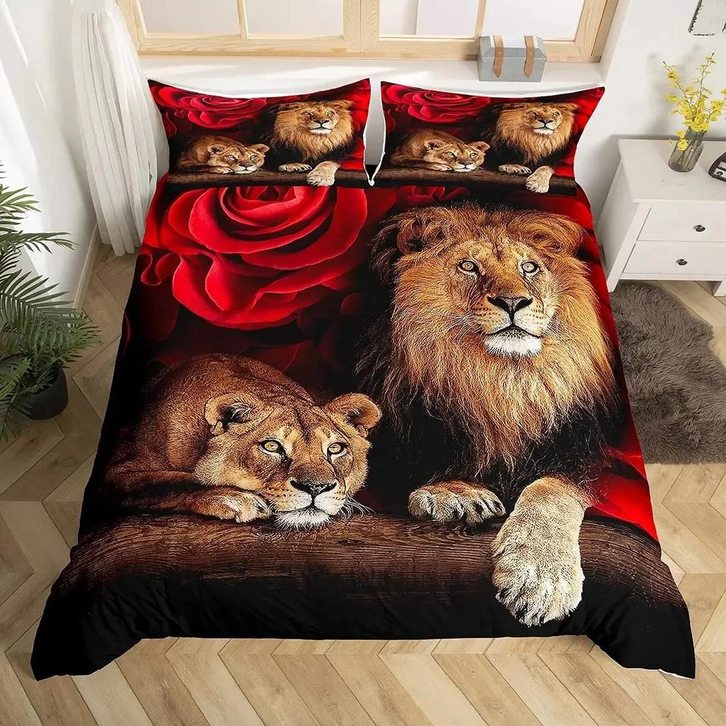 Lion Rose Animal Floral Nature Theme Comfortable Duvet Quilt Cover Pillowcase Bedding Set Children Bedroom Decoration Home