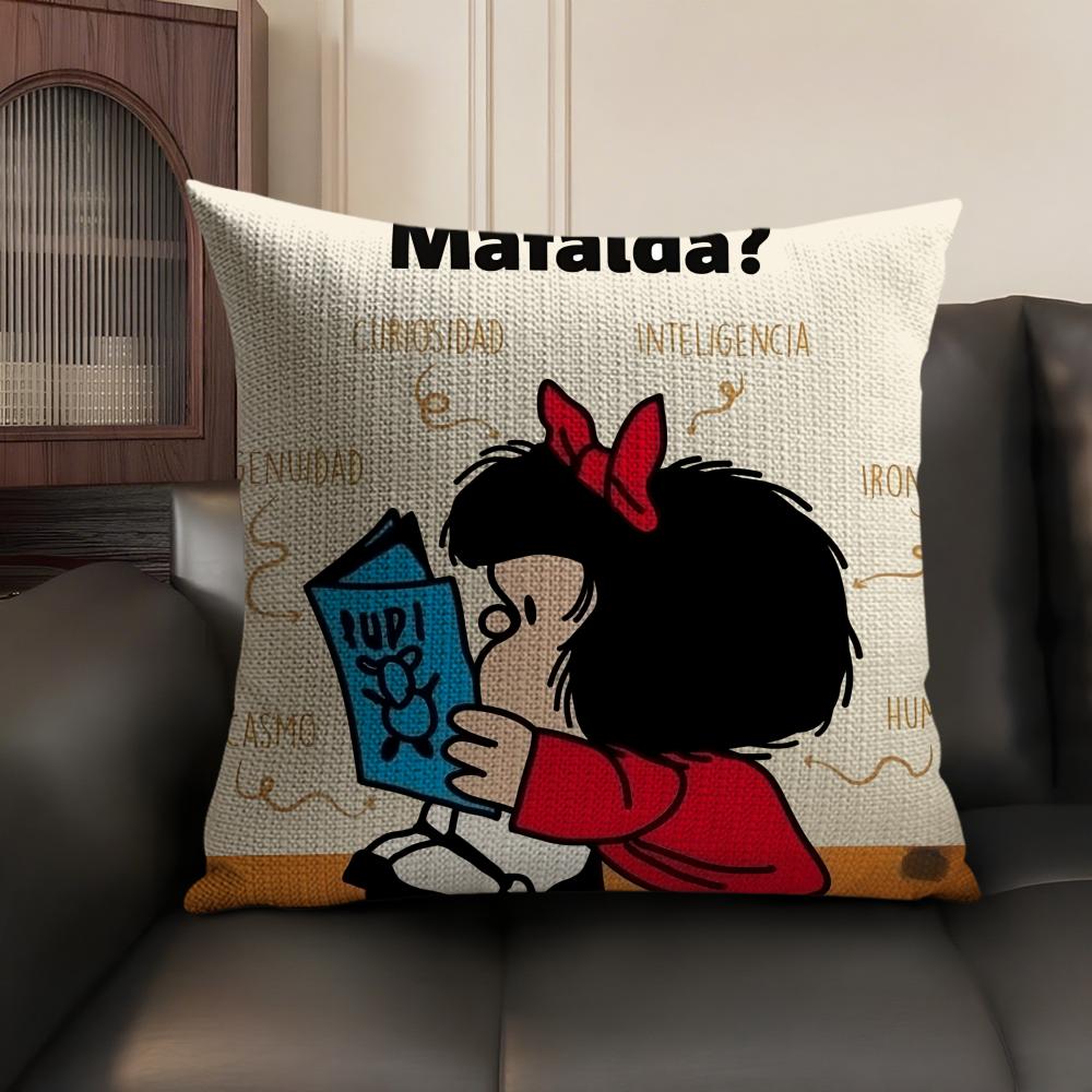 MMafalda Cartoon Cute Cushion Cover Natural Linen Organic Fabric DoubleSided Printing Sofa Home Decor Gift Pillow Case