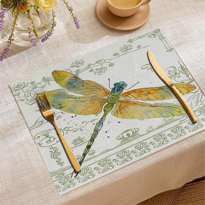 Animal Print Linen Placemat Rabbit Parrot Dragonfly Pattern Desktop Decorations Tableware Non-slip Heat Insulation Mat