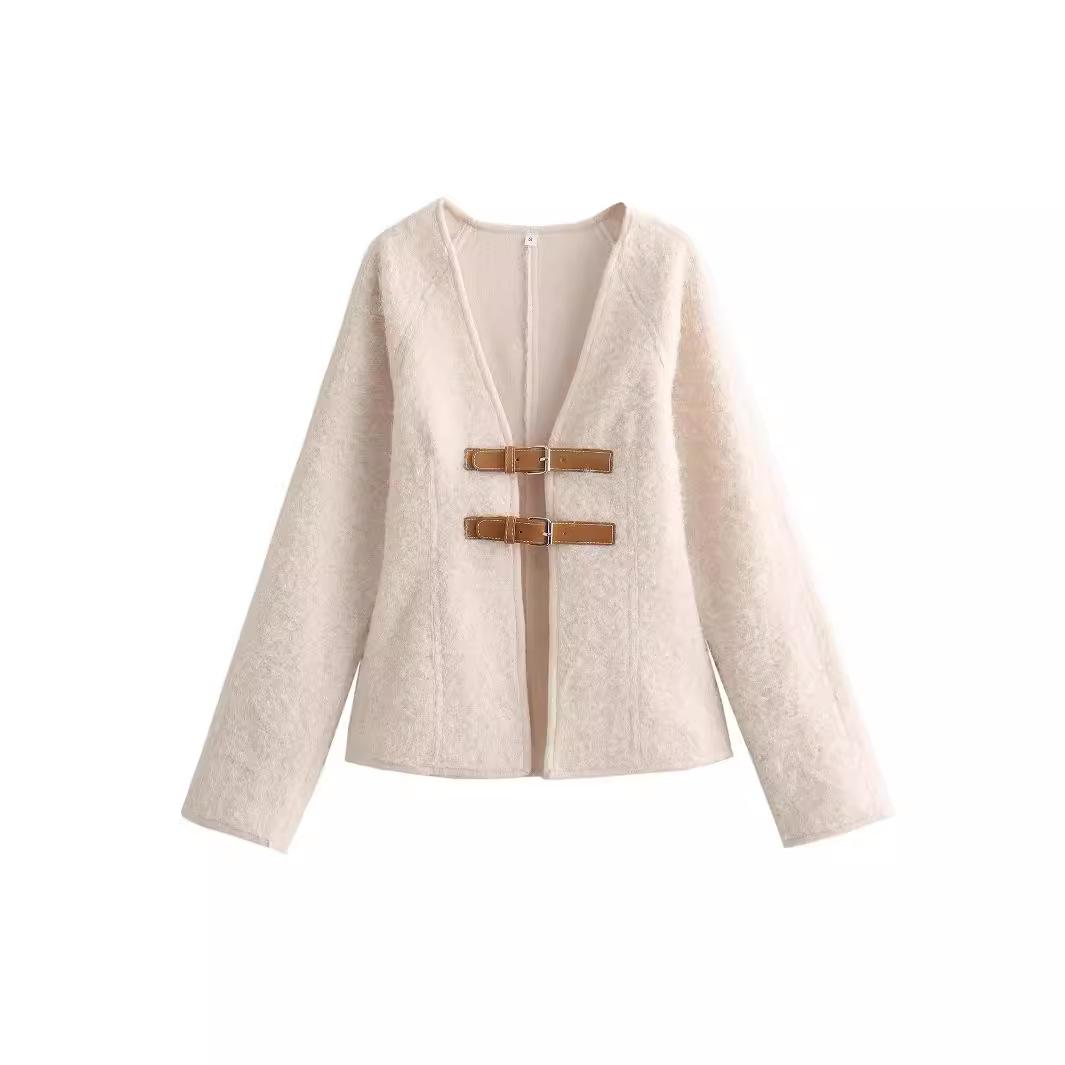 

Женская винтажная белая кожаная шерстяная куртка с пряжкой, женская 2024, элегантное однобортное пальто с длинными рукавами, женский весенний свитер XS белый