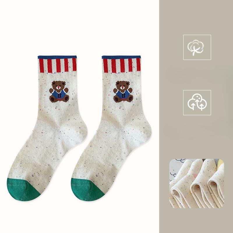 

Женские весенне-осенние милые носки из хлопковой пряжи с мишкой, студенческие бесшовные носки-трубы 1 pair зелёный