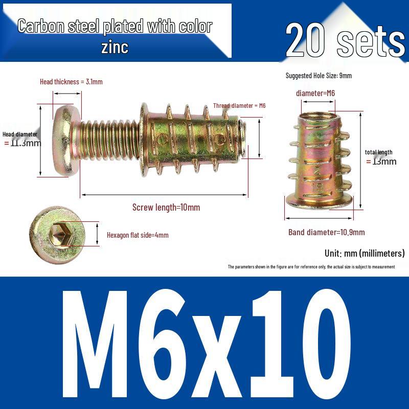 Flat Head Hex Socket Screws & Pre-embedded Nut Set for Wooden Bed Connectors