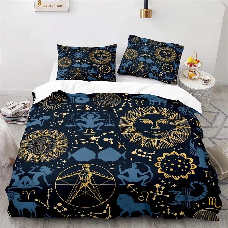 Sun and Moon Duvet Cover King Microfiber Astrology Bedding Set Twelve Constellations Zodiac Comforter Cover For Kids Boys Girls