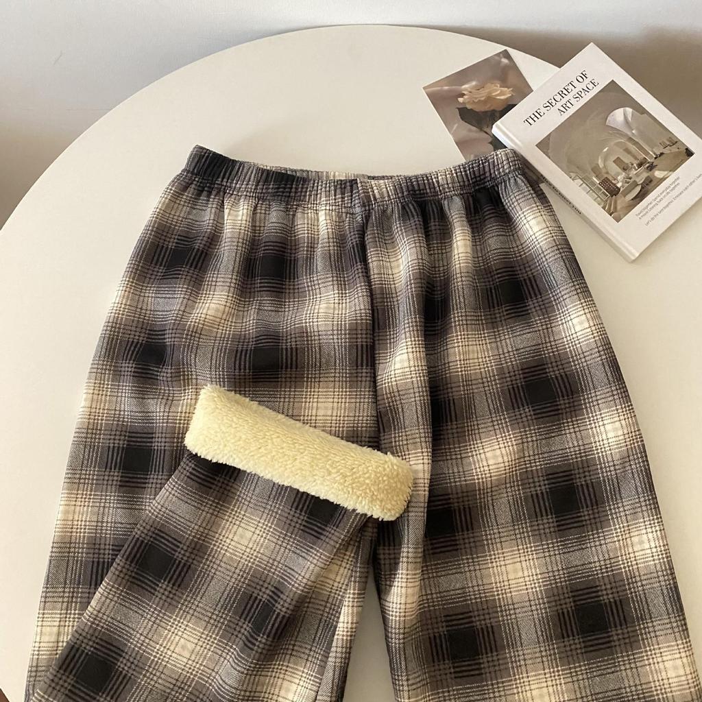 Women's High-Waisted Fleece-Lined Wide-Leg Plaid Pants for Autumn and Winter