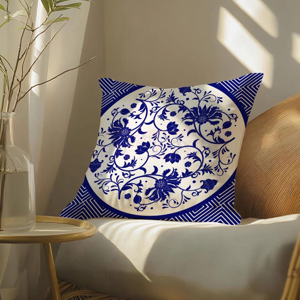 Ethnic Style Blue Floral Pillow Case Silky Elegant Comfort Sofa Bed Invisible Zipper
