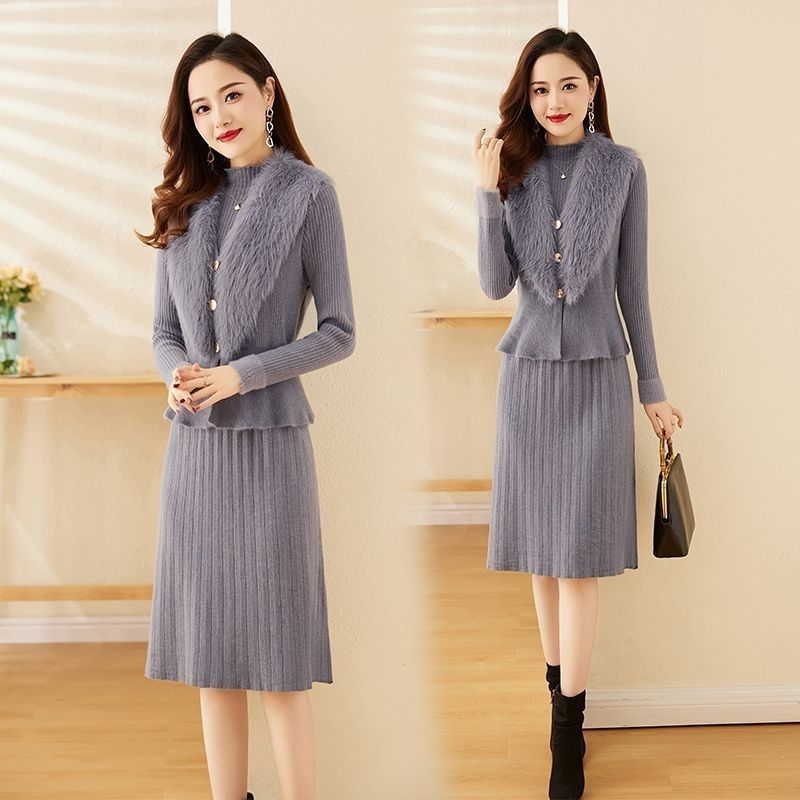 Two-piece Knitted Dress Set for Women Solid Color Long-sleeved Sweater Casual Pullover Warm Pullover Dress Knitwear