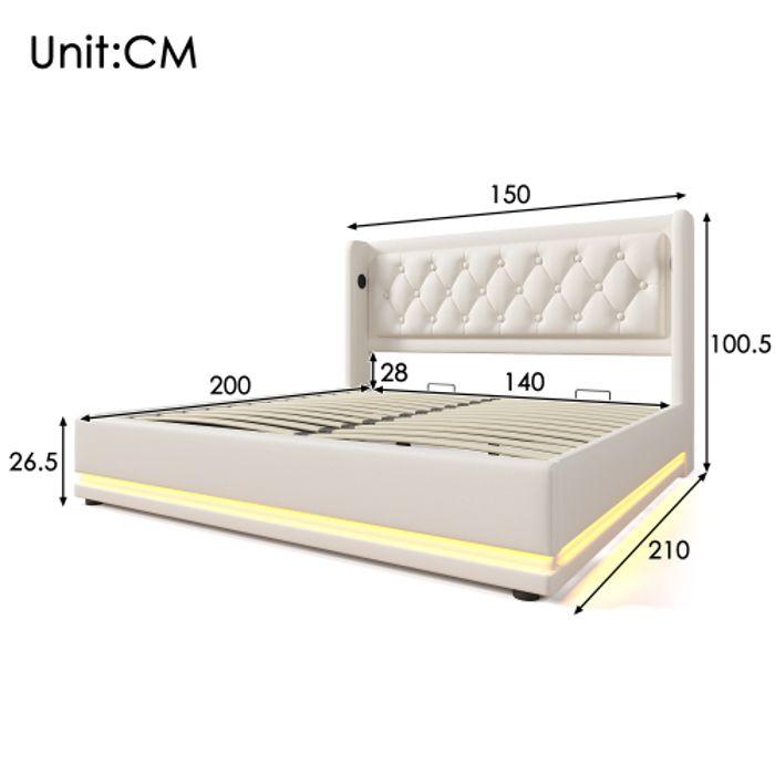 Gepolstertes Doppelbett - MUVOE - 140x200 cm - Hydraulischer Stauraum - USB Typ-C - Weiß PU