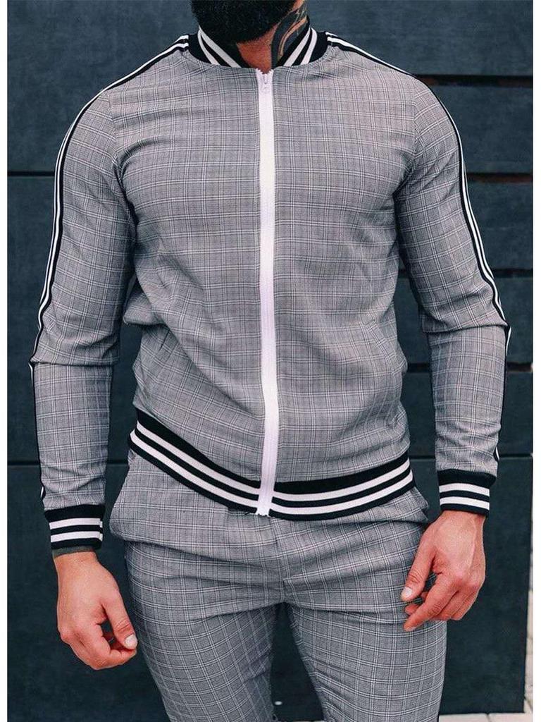 Jesienny Męski Casualowy Garnitur Sportowy w Kratę: Dwuczęściowy zestaw: kurtka zapinana na zamek i długie spodnie