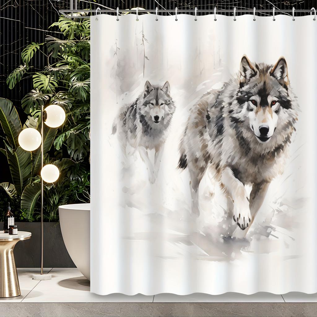 1pc Winter Snow Forest Wolf Bathroom Shower Curtain with 12 Hooks, Bathroom Decor, Bathroom Accessories