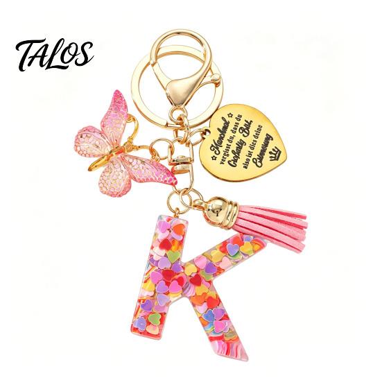 Talos Keychain Pendant, Sequins Initial Letter Charm Key Chain with Butterfly Tassel Stainless Steel Heart Design, A-Z Holder for Bag Purse Backpack