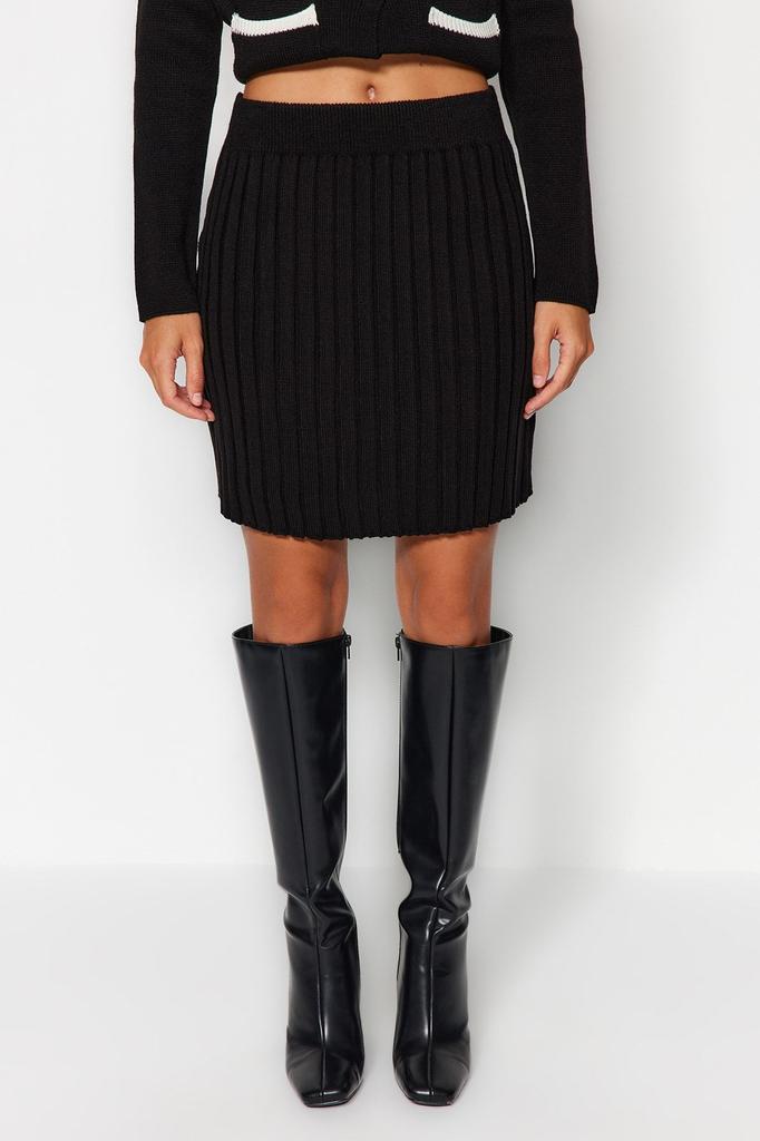 Women's Style Bottom-Top Set Clothes Black Crop Pocket Detailed Mini Skirt Knitwear Bottom-Top Set