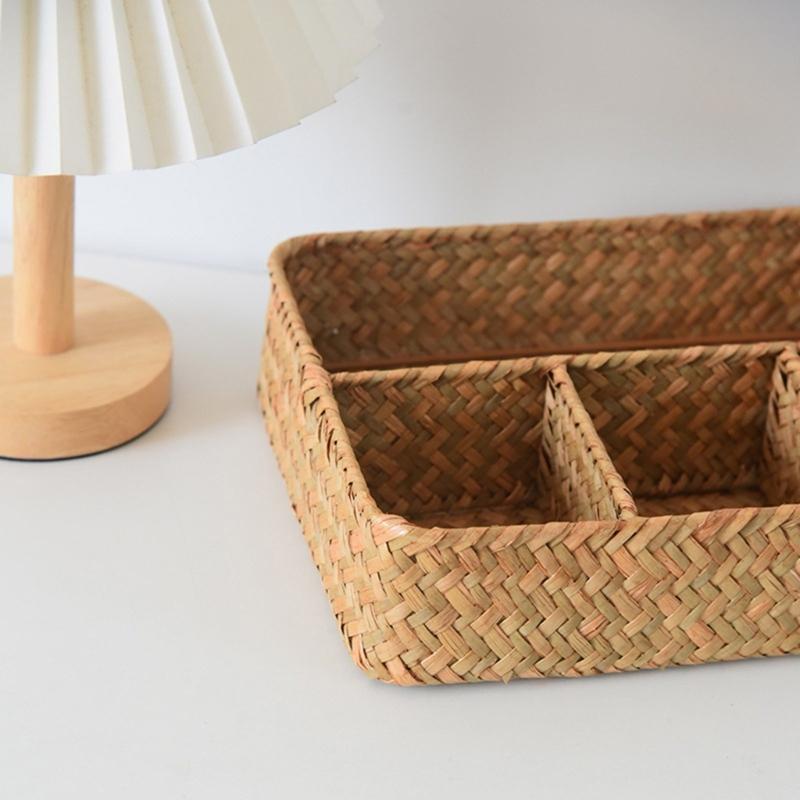 Straw Woven Organized Basket Breathable Compartments For Living Room Office Storage
