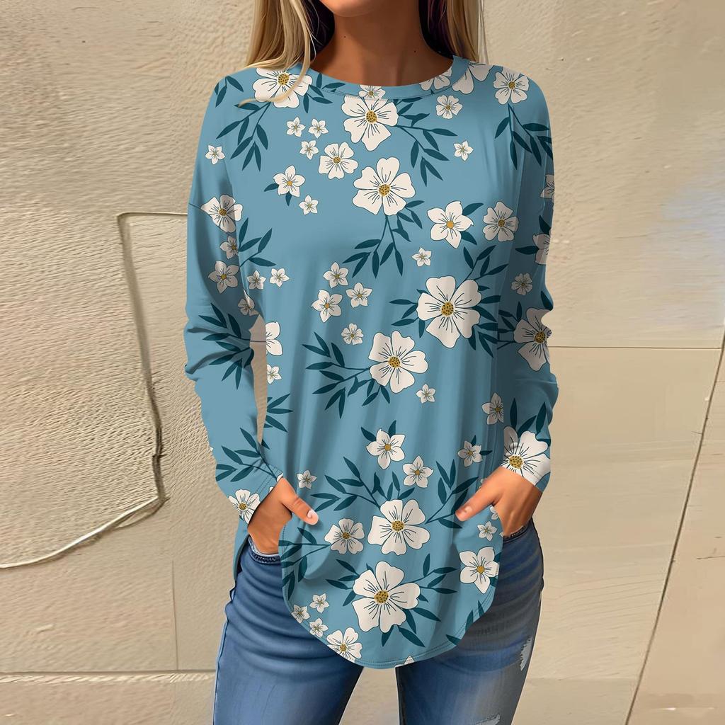 Women's Fashion Casual Round Neck Floral Long Sleeve T-shirt Pullover Long Sleeve Top